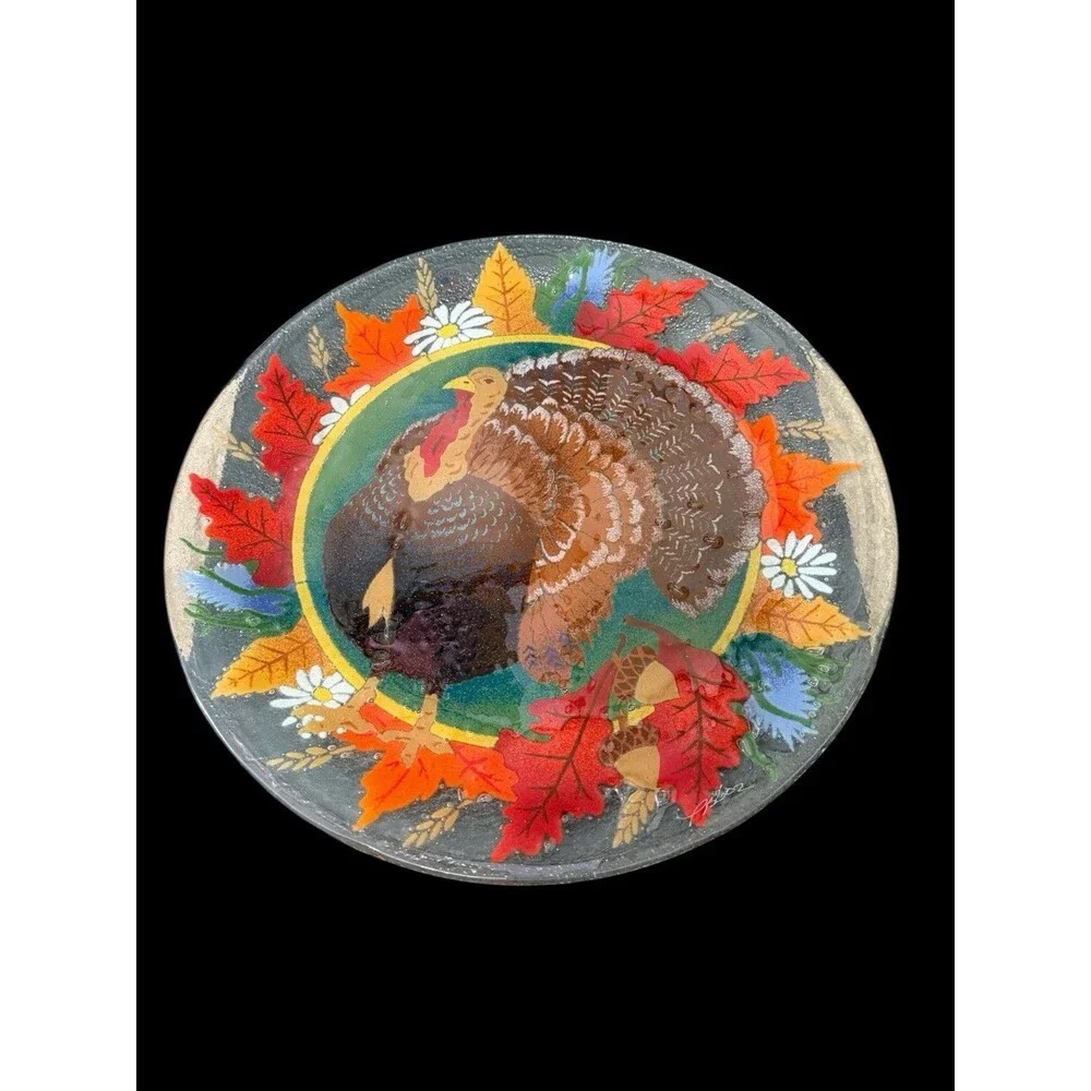 Signed Retired PEGGY KARR  14” Turkey Leaves Autumn Thanksgiving Round Platter